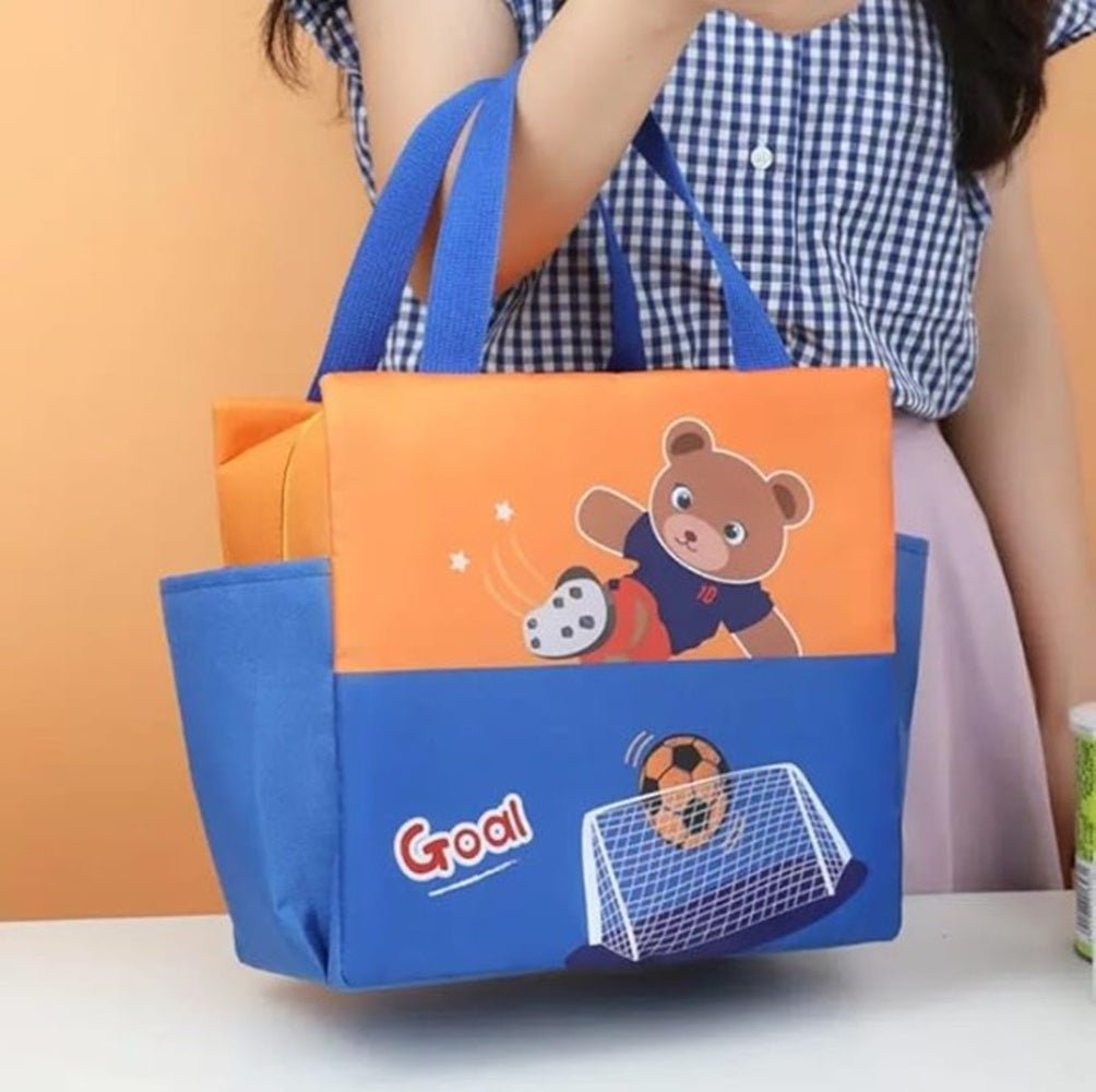 CuddleNest Kids Lunch Tote – Dual Colour, Insulated, Waterproof Food Storage Bag with Adorable Animal Prints for Girls & Boys (Beige & Navy Blue) - Lunch Box Bag_Cream_Nice Day_40*26*14
