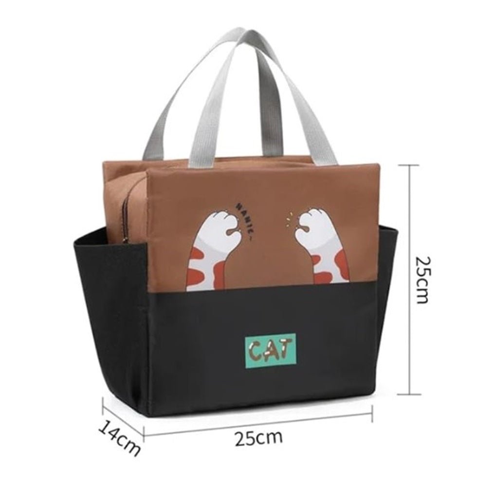 CuddleNest Kids Lunch Tote – Dual Colour, Insulated, Waterproof Food Storage Bag with Adorable Animal Prints for Girls & Boys (Brown & Black) - Lunch Box Bag_Brown_Cat_40*26*14