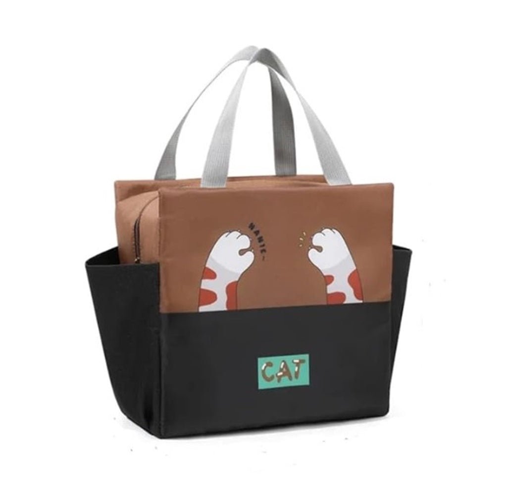 CuddleNest Kids Lunch Tote – Dual Colour, Insulated, Waterproof Food Storage Bag with Adorable Animal Prints for Girls & Boys (Brown & Black) - Lunch Box Bag_Brown_Cat_40*26*14