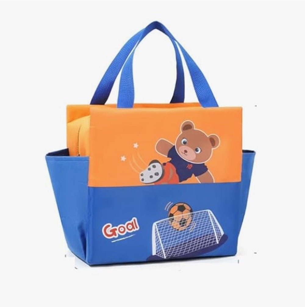 CuddleNest Kids Lunch Tote – Dual Colour, Insulated, Waterproof Food Storage Bag with Adorable Animal Prints for Girls & Boys (Orange & Blue) - Lunch Box Bag_Orange_Goal_40*26*14
