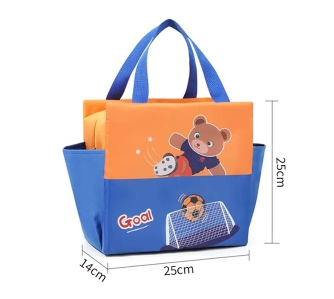 CuddleNest Kids Lunch Tote – Dual Colour, Insulated, Waterproof Food Storage Bag with Adorable Animal Prints for Girls & Boys (Orange & Blue) - Lunch Box Bag_Orange_Goal_40*26*14