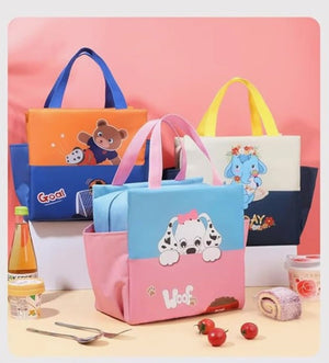 CuddleNest Kids Lunch Tote – Dual Colour, Insulated, Waterproof Food Storage Bag with Animal Prints for Girls & Boys (Orange & Blue)