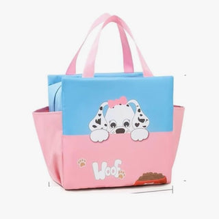 CuddleNest Kids Lunch Tote – Dual Colour, Insulated, Waterproof Food Storage Bag with Adorable Animal Prints for Girls & Boys (Sky Blue & Pink) - Lunch Box Bag_Blue_Woof_40*26*14