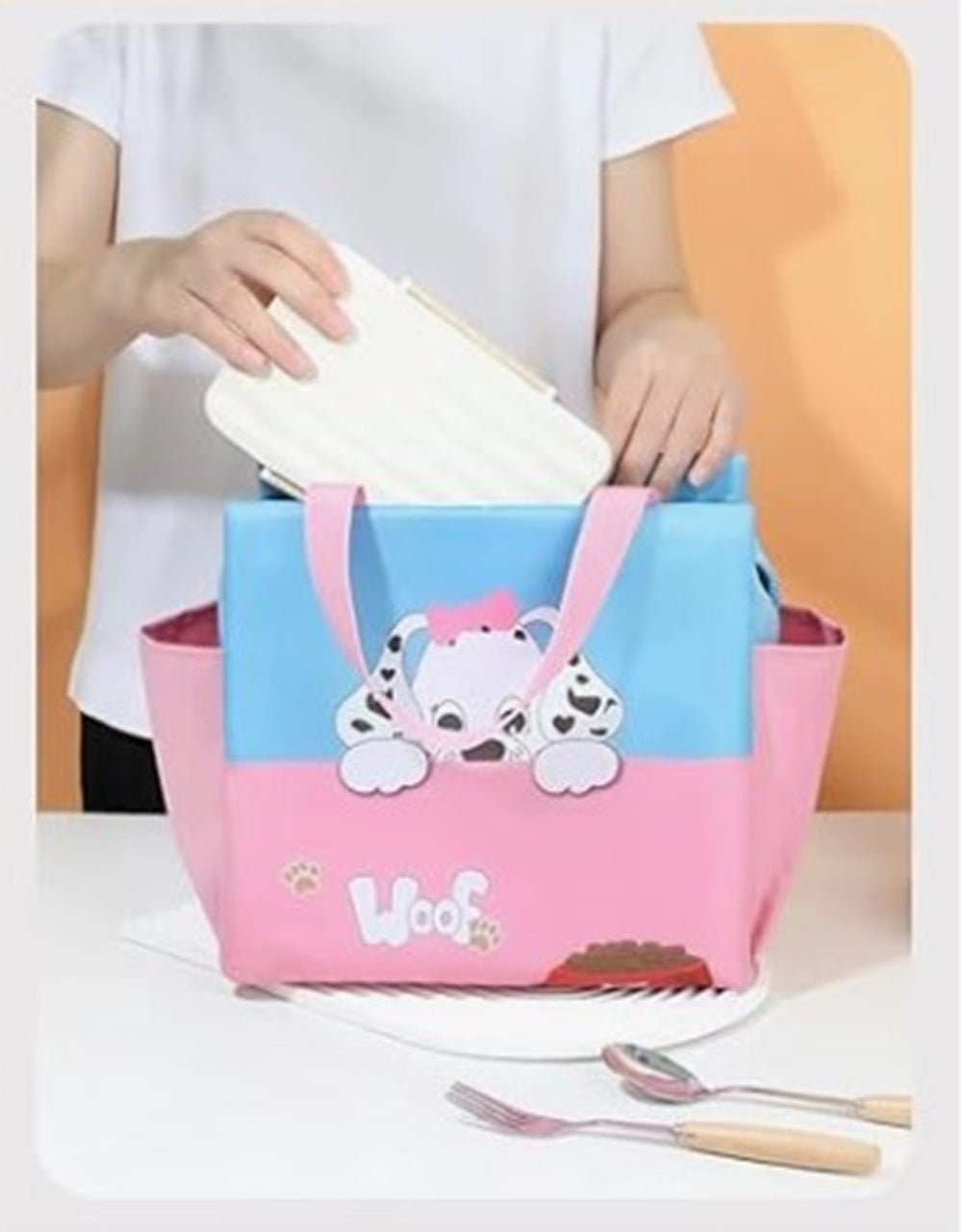CuddleNest Kids Lunch Tote – Dual Colour, Insulated, Waterproof Food Storage Bag with Adorable Animal Prints for Girls & Boys (Sky Blue & Pink) - Lunch Box Bag_Blue_Woof_40*26*14