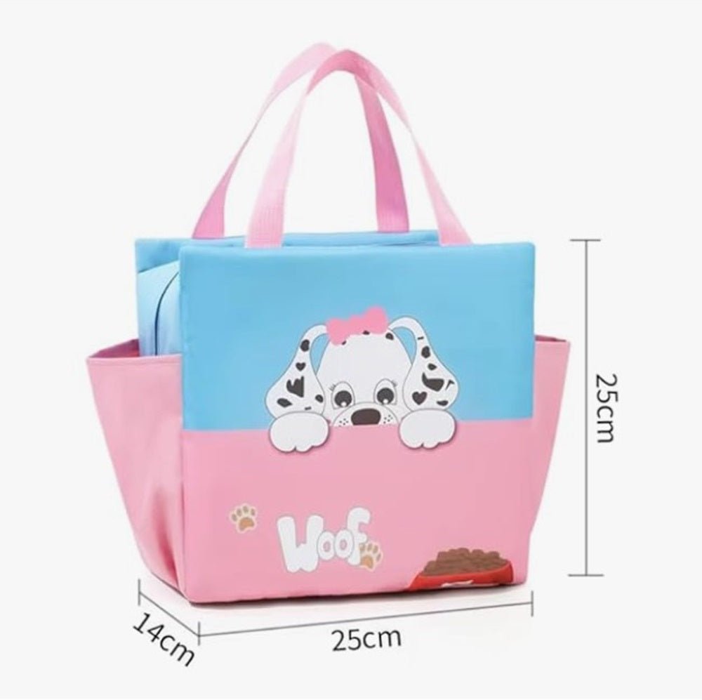 CuddleNest Kids Lunch Tote – Dual Colour, Insulated, Waterproof Food Storage Bag with Adorable Animal Prints for Girls & Boys (Sky Blue & Pink) - Lunch Box Bag_Blue_Woof_40*26*14
