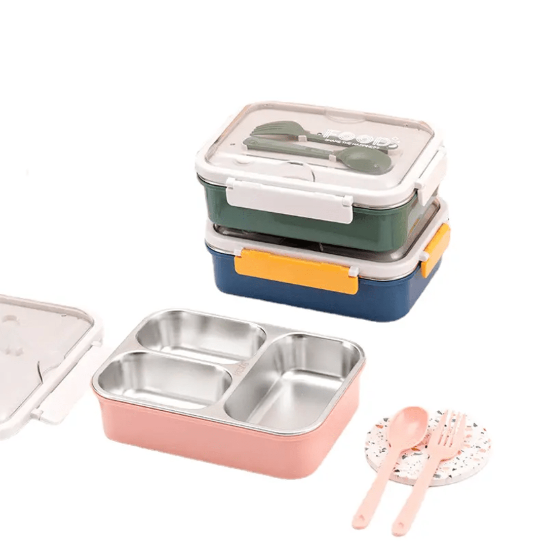 CuddleNest | On the Go with Our 3 - Compartment Bento Lunch Box with Breathable Button Design | Pink - S.S. Utensils Lunch Box_Pink_22*16*8