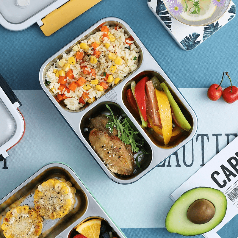 CuddleNest | On the Go with Our 3 - Compartment Bento Lunch Box with Breathable Button Design | Pink - S.S. Utensils Lunch Box_Pink_22*16*8