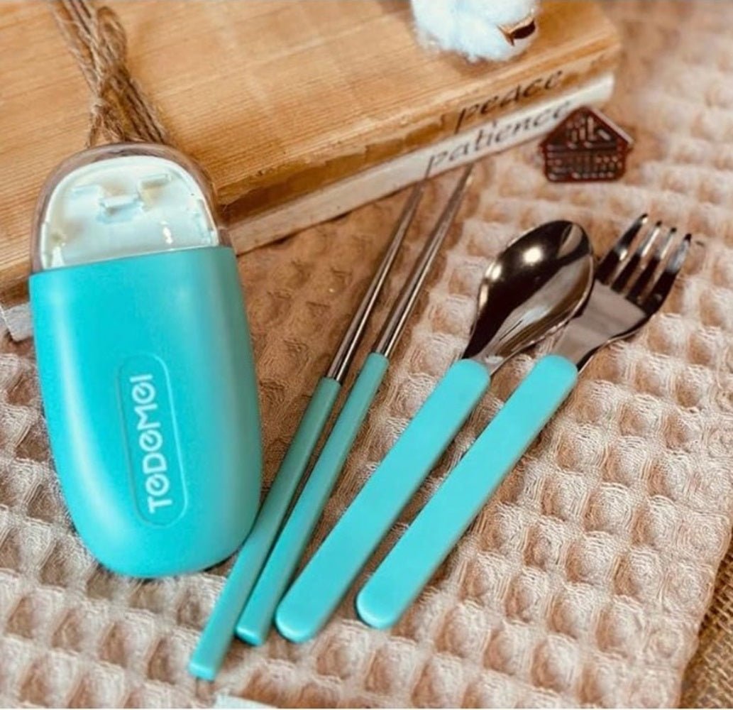 CuddleNest Reusable Stainless Steel Utensil Set | Fork Spoon Chopsticks with Compact Storage Case - Cutlery Set_6596_Green