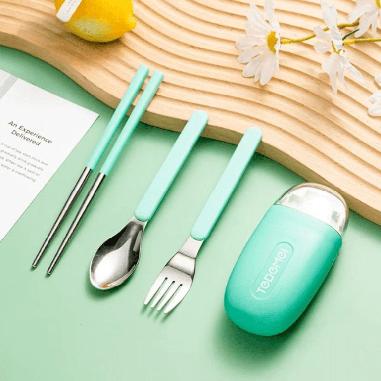 CuddleNest Reusable Stainless Steel Utensil Set | Fork Spoon Chopsticks with Compact Storage Case - Cutlery Set_6596_Green