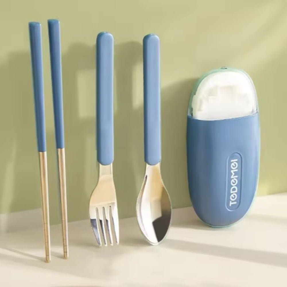 CuddleNest Reusable Stainless Steel Utensil Set | Fork Spoon Chopsticks with Compact Storage Case - Cutlery Set_6596_Blue