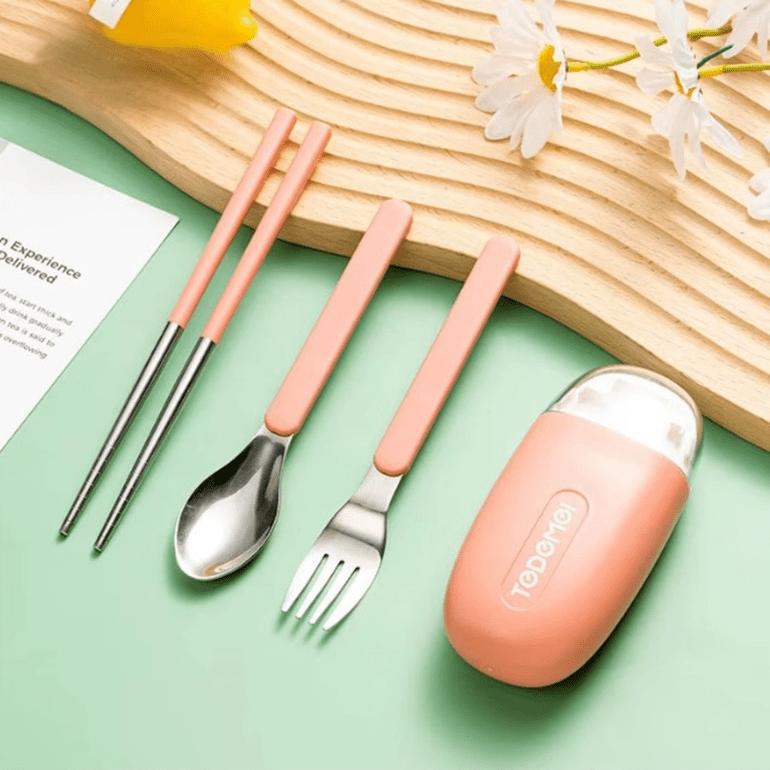 CuddleNest Reusable Stainless Steel Utensil Set | Fork Spoon Chopsticks with Compact Storage Case - Cutlery Set_6596_Pink