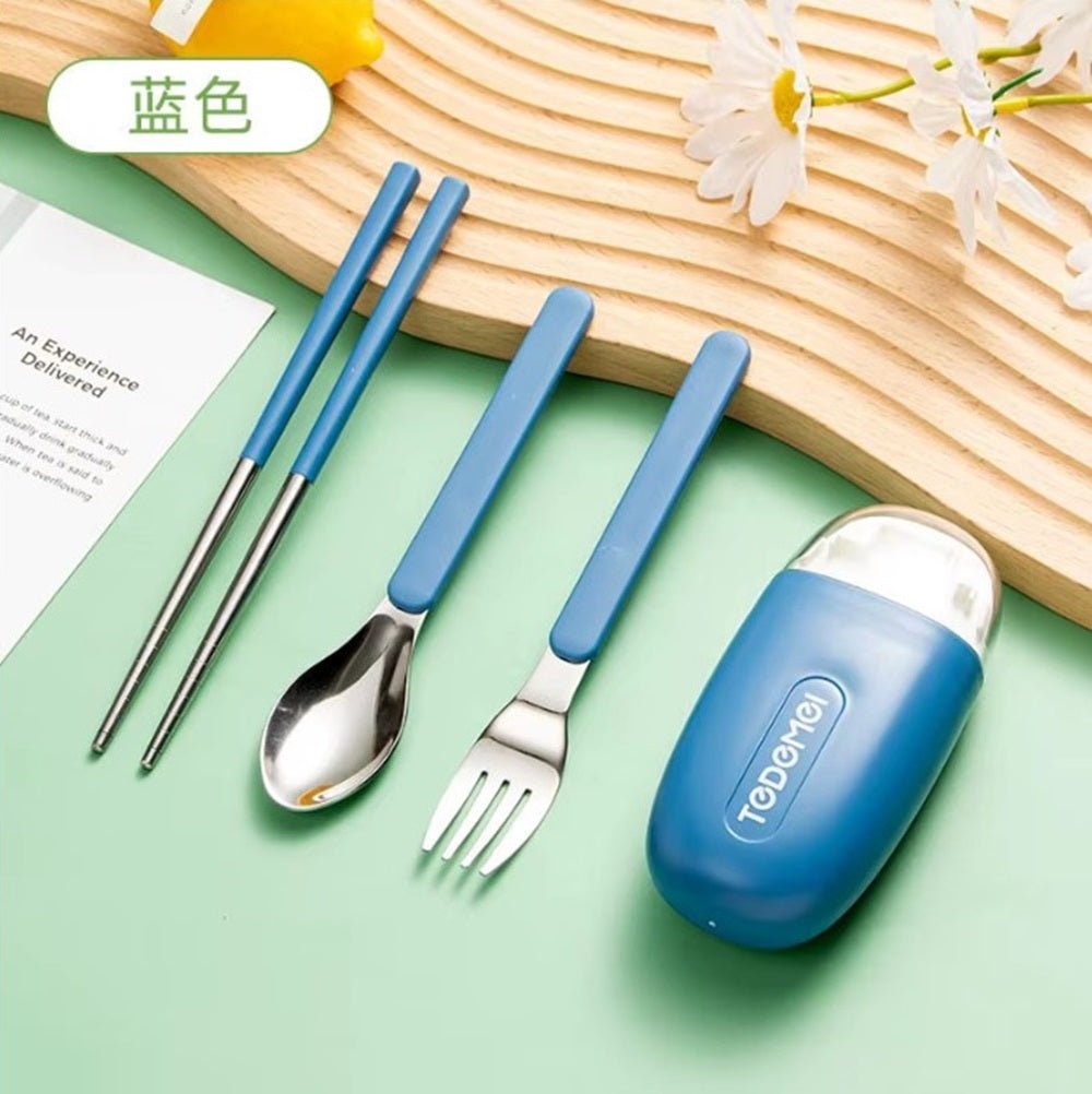 CuddleNest Reusable Stainless Steel Utensil Set | Fork Spoon Chopsticks with Compact Storage Case - Cutlery Set_6596_Blue