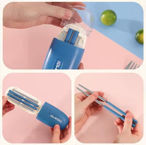 CuddleNest Reusable Stainless Steel Utensil Set | Fork Spoon Chopsticks with Compact Storage Case - Cutlery Set_6596_Blue