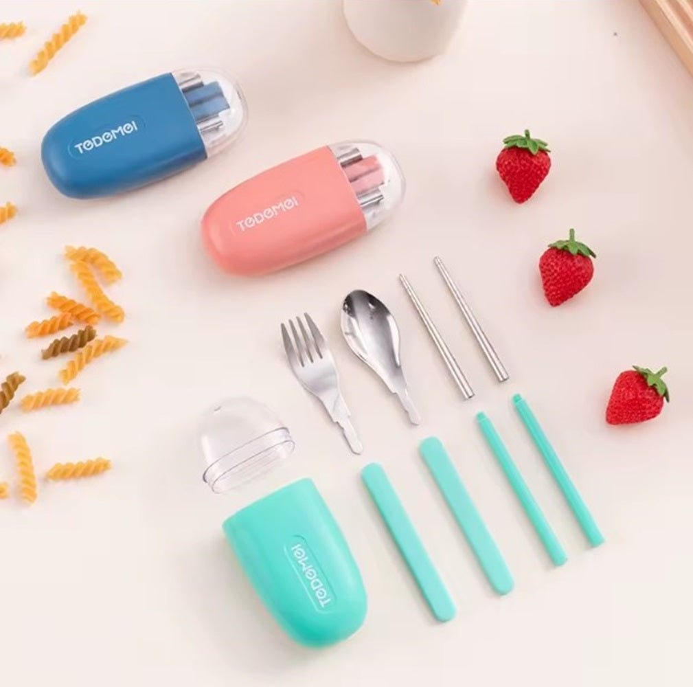 CuddleNest Reusable Stainless Steel Utensil Set | Fork Spoon Chopsticks with Compact Storage Case - Cutlery Set_6596_Pink