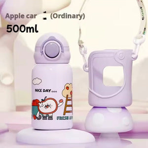 CuddleNest Stainless Steel Kids Water Bottle – 500ml | Double Wall, Straw Lid, Cartoon Print - Purple