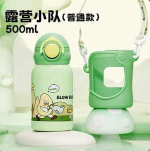 CuddleNest Stainless Steel Kids Water Bottle – 500ml | Double Wall, Straw Lid, Cartoon Print - Green
