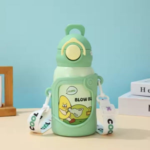CuddleNest Stainless Steel Kids Water Bottle – 500ml | Double Wall, Straw Lid, Cartoon Print - Green
