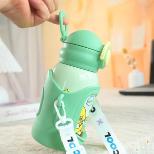 CuddleNest Stainless Steel Kids Water Bottle – 500ml | Double Wall, Straw Lid, Cartoon Print - Purple
