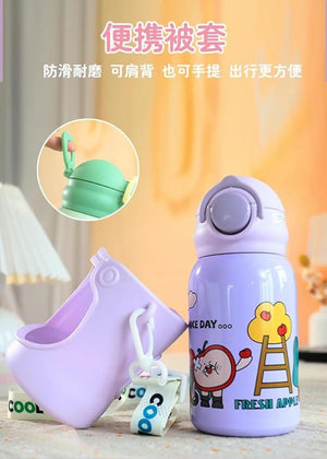 CuddleNest Stainless Steel Kids Water Bottle – 500ml | Double Wall, Straw Lid, Cartoon Print - Purple