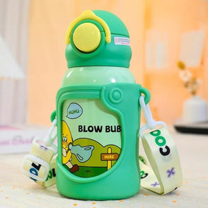 CuddleNest Stainless Steel Kids Water Bottle – 500ml | Double Wall, Straw Lid, Cartoon Print - Green