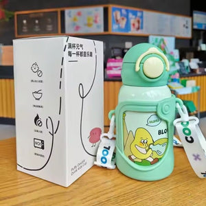 CuddleNest Stainless Steel Kids Water Bottle – 500ml | Double Wall, Straw Lid, Cartoon Print - Green