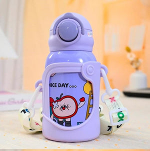 CuddleNest Stainless Steel Kids Water Bottle – 500ml | Double Wall, Straw Lid, Cartoon Print - Purple