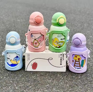 CuddleNest Stainless Steel Kids Water Bottle – 500ml | Double Wall, Straw Lid, Cartoon Print - Multicolored