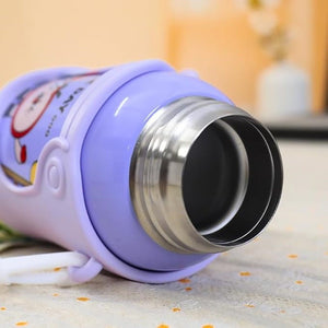 CuddleNest Stainless Steel Kids Water Bottle – 500ml | Double Wall, Straw Lid, Cartoon Print - Purple