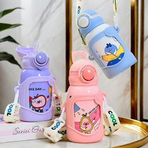 CuddleNest Stainless Steel Kids Water Bottle – 500ml | Double Wall, Straw Lid, Cartoon Print - Multicolored