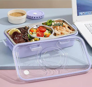 CuddleNest Stainless Steel Lunch Box with 3 Compartments, Spoon & Chopsticks - Lunch Box_7108_3 Com_Green