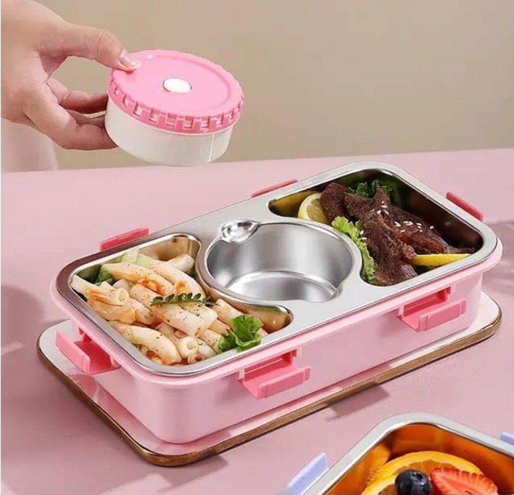 CuddleNest Stainless Steel Lunch Box with 3 Compartments, Spoon & Chopsticks - Lunch Box_7108_3 Com_Green