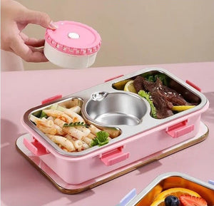 CuddleNest Stainless Steel Lunch Box with 3 Compartments, Spoon & Chopsticks - Lunch Box_7108_3 Com_Green