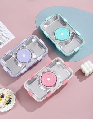 CuddleNest Stainless Steel Lunch Box with 3 Compartments, Spoon & Chopsticks - Lunch Box_7108_3 Com_Green