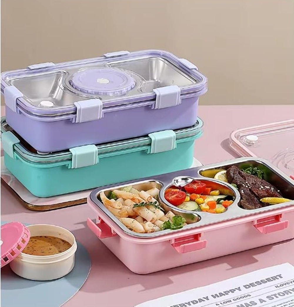 CuddleNest Stainless Steel Lunch Box with 3 Compartments, Spoon & Chopsticks - Lunch Box_7108_3 Com_Green