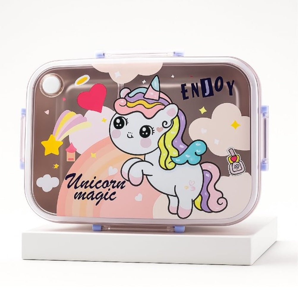 CuddleNest Steel Lunch Box | 3 Compartment Bento Style Tiffin with Spoon & Chopsticks - Lunch Box_2532_Unicorn Magic_Pink