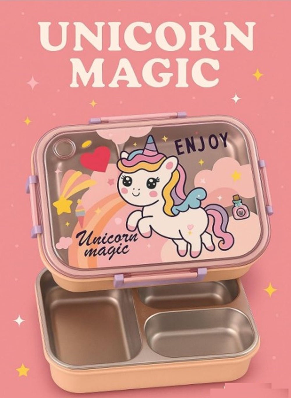 CuddleNest Steel Lunch Box | 3 Compartment Bento Style Tiffin with Spoon & Chopsticks - Lunch Box_2532_Unicorn Magic_Pink