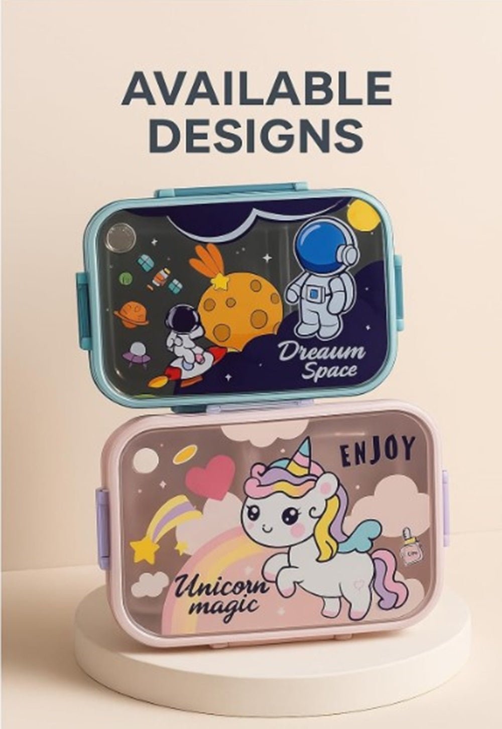 CuddleNest Steel Lunch Box | 3 Compartment Bento Style Tiffin with Spoon & Chopsticks - Lunch Box_2532_Unicorn Magic_Pink