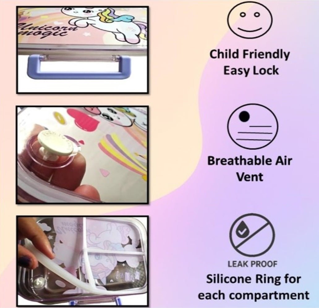 CuddleNest Steel Lunch Box | 3 Compartment Bento Style Tiffin with Spoon & Chopsticks - Lunch Box_2532_Unicorn Magic_Pink