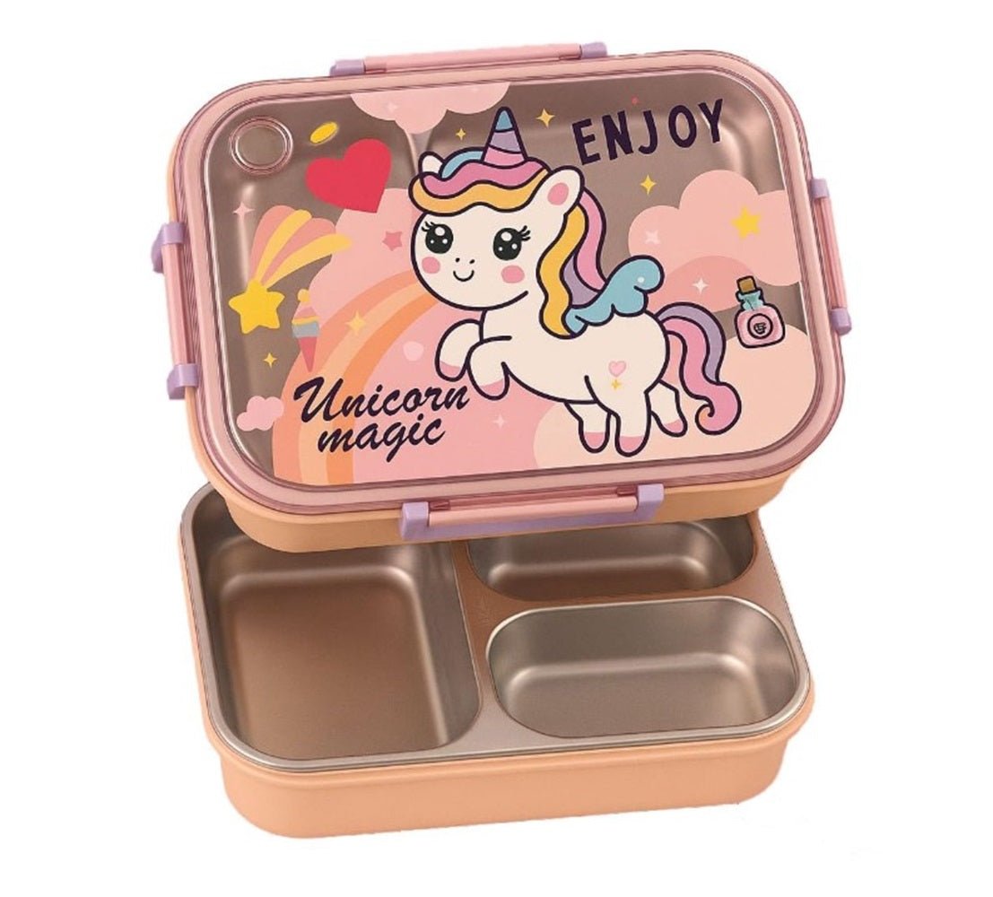 CuddleNest Steel Lunch Box | 3 Compartment Bento Style Tiffin with Spoon & Chopsticks - Lunch Box_2532_Unicorn Magic_Pink