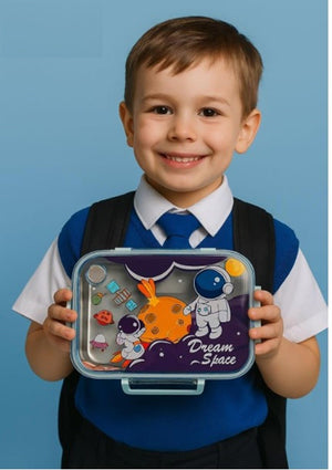 CuddleNest Steel Lunch Box 750 ml | 3 Compartment Bento Style Tiffin with Spoon & Chopsticks - Lunch Box_2532_Dream Space_Blue