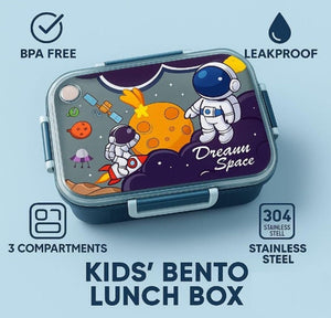 CuddleNest Steel Lunch Box 750 ml | 3 Compartment Bento Style Tiffin with Spoon & Chopsticks - Lunch Box_2532_Dream Space_Blue