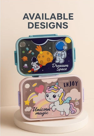 CuddleNest Steel Lunch Box 750 ml | 3 Compartment Bento Style Tiffin with Spoon & Chopsticks - Lunch Box_2532_Dream Space_Blue