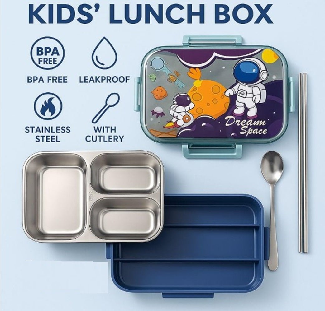CuddleNest Steel Lunch Box 750 ml | 3 Compartment Bento Style Tiffin with Spoon & Chopsticks - Lunch Box_2532_Dream Space_Blue