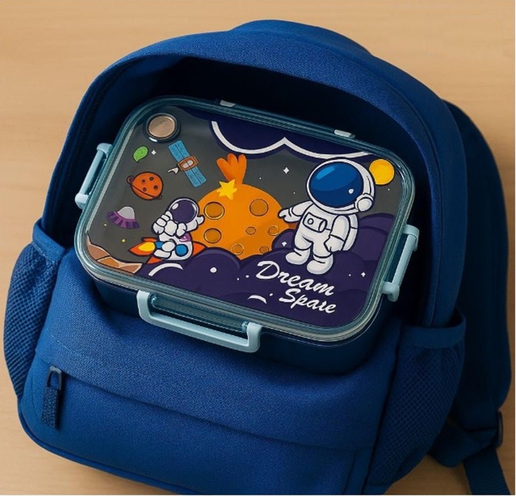 CuddleNest Steel Lunch Box 750 ml | 3 Compartment Bento Style Tiffin with Spoon & Chopsticks - Lunch Box_2532_Dream Space_Blue