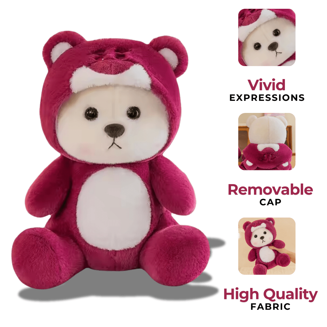 CuddleNest Teddy Bear with Cap - Adorable, Soft & Cuddly Teddy Bear Toy - Cap Bear_Magenta_40*25*20