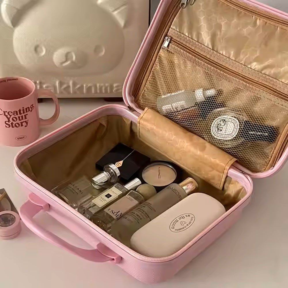 CuddleNest Travel Vanity Case for Women – Durable Hardshell Cosmetic Bag with Lock, Strap & Zipper - Vanity Bag_Withlock_Kids_Pink_30*30*15