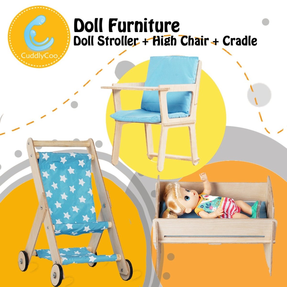 CuddlyCoo Doll Nursery Furniture Set- Baby Blue - CCDOLLNURSERYBB
