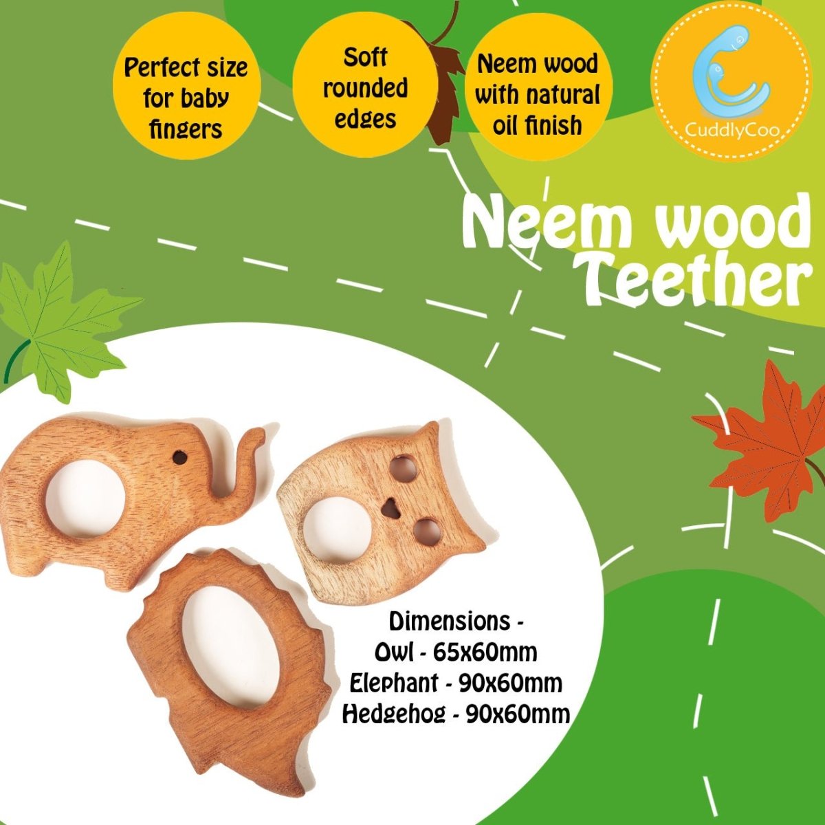 CuddlyCoo Neemwood Teether- Animals (Set of 3) - CCTEETHER3ANIMALS