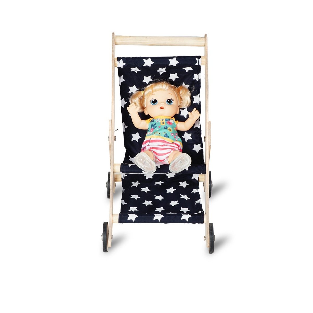 CuddlyCoo Wooden Doll Stroller- Blue Star - CCDOLLSTROLLBS
