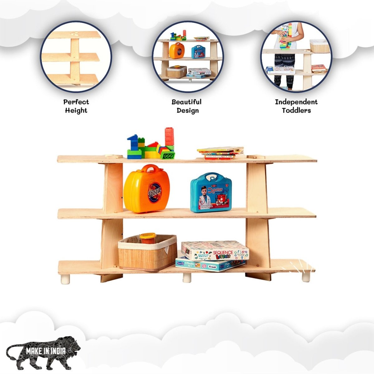 CuddlyCoo Wooden Montessori Shelf- 3 Tier - CCMONTSHELF3